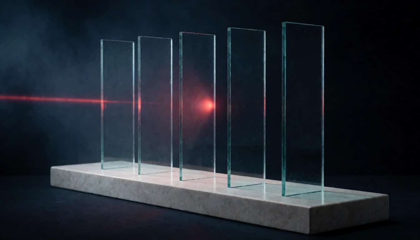 A red light beam passing through two glass panes and stopping at the third.