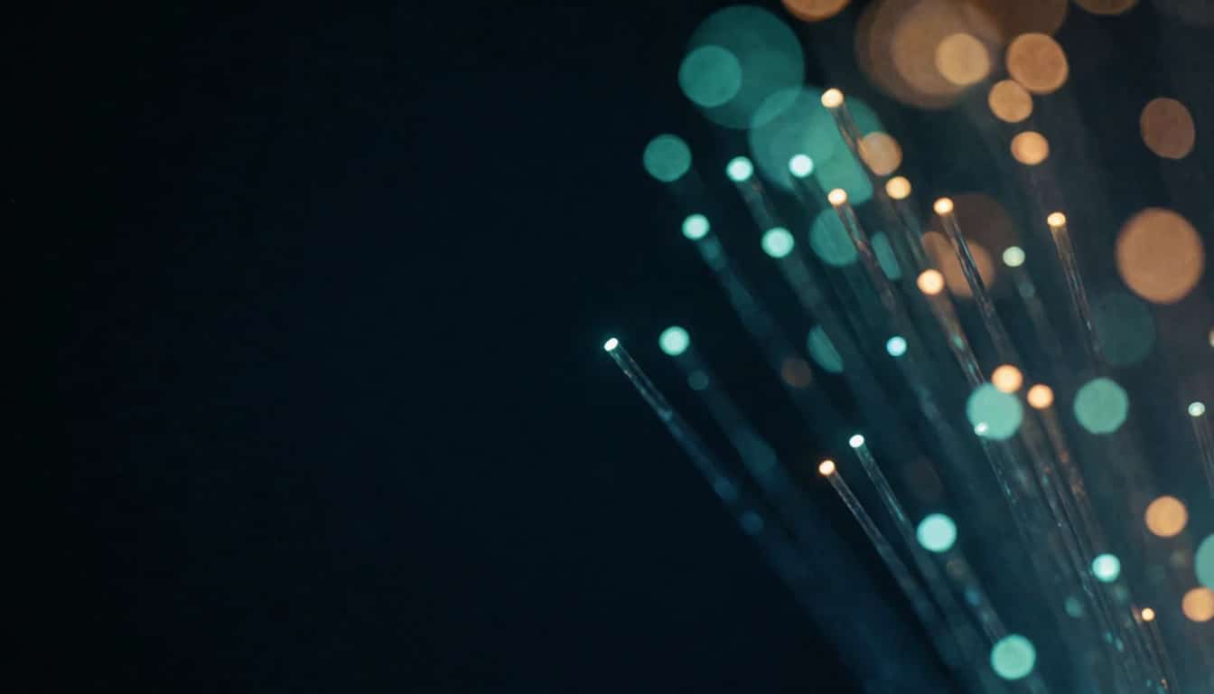 Fiber optic strands glowing teal and amber in the dark.